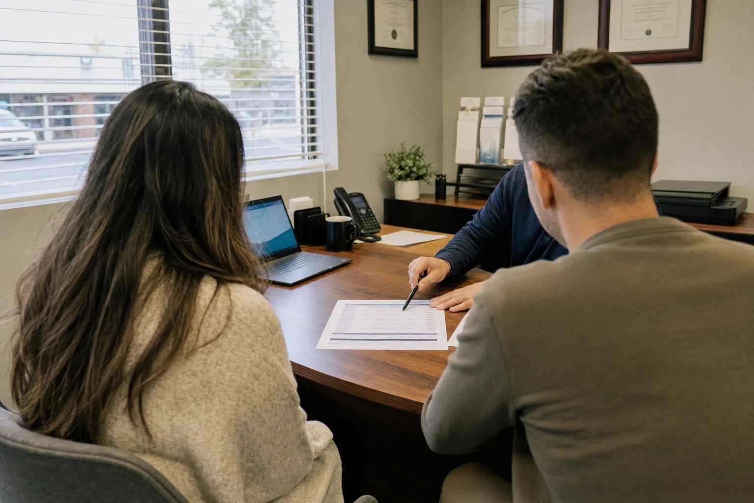 Young couple seen from behind at a wooden office desk as an agent points with a pen to a printed comparison sheet, framed certificates and a window with blinds behind