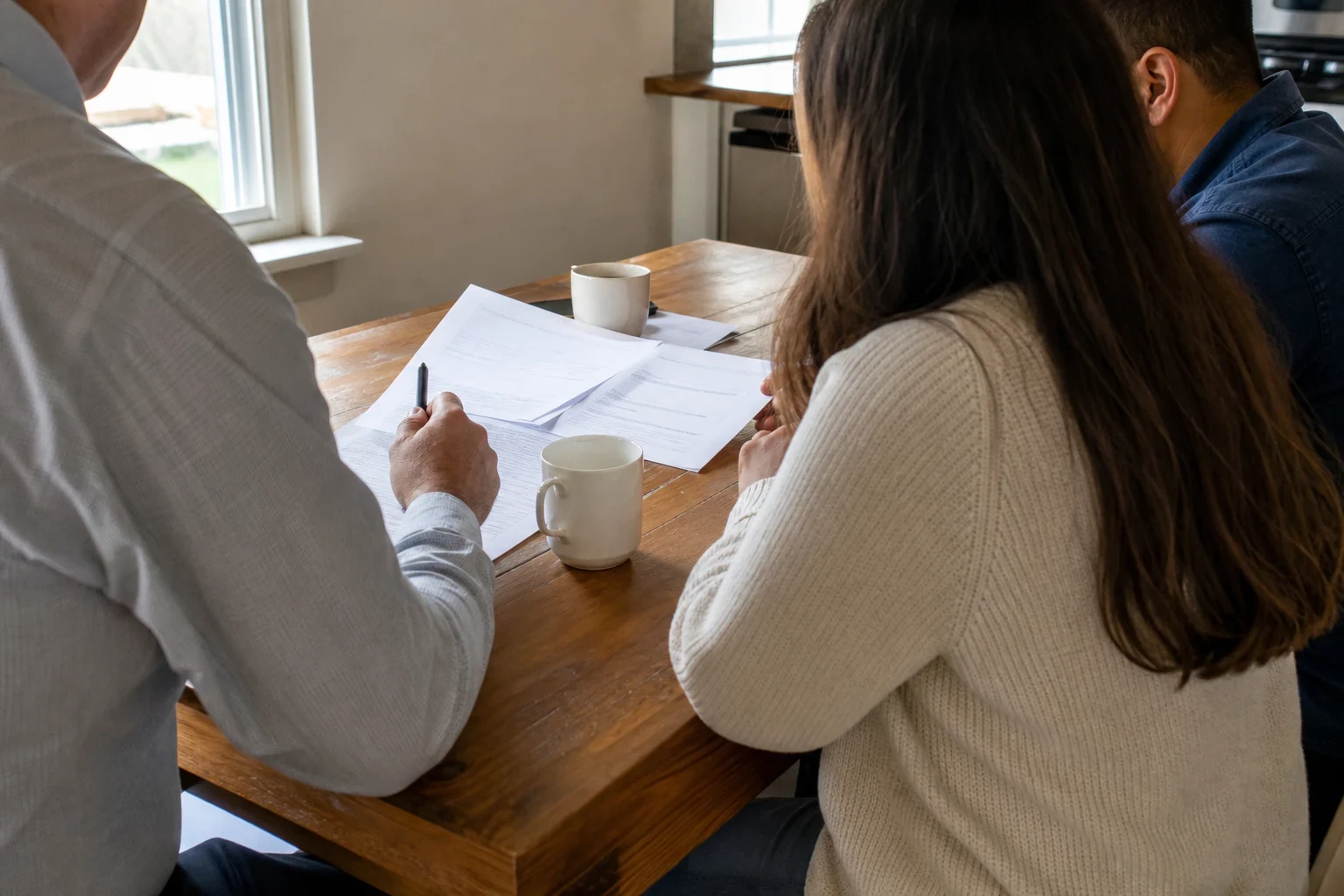 Insurance agent, seen from behind, reviewing papers with a couple at a wooden kitchen table with coffee mugs, pen in hand, beside a sunlit window