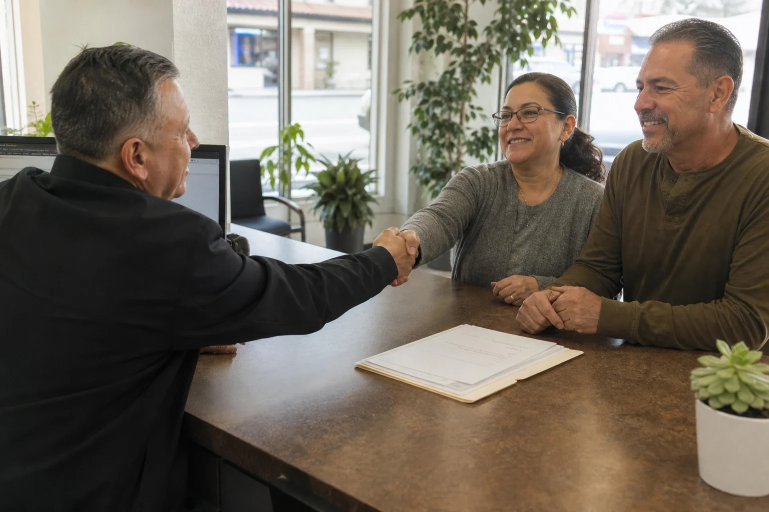 Insurance agent shaking hands with a smiling couple across a brown office counter with a folder of papers, plants and a street-facing window behind them