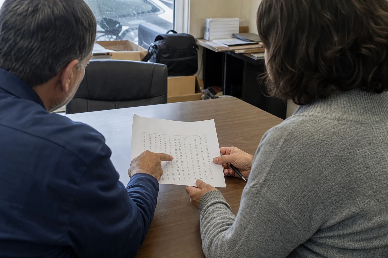 Two people seen from behind at a wooden office table reviewing a printed page of numeric figures, with boxes, a black bag and a window in the background.